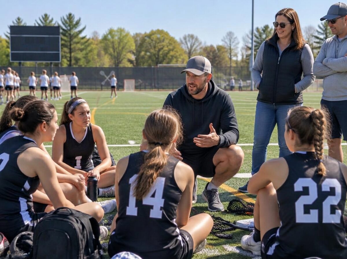 Coach speaking with a sports team in a sideline huddle