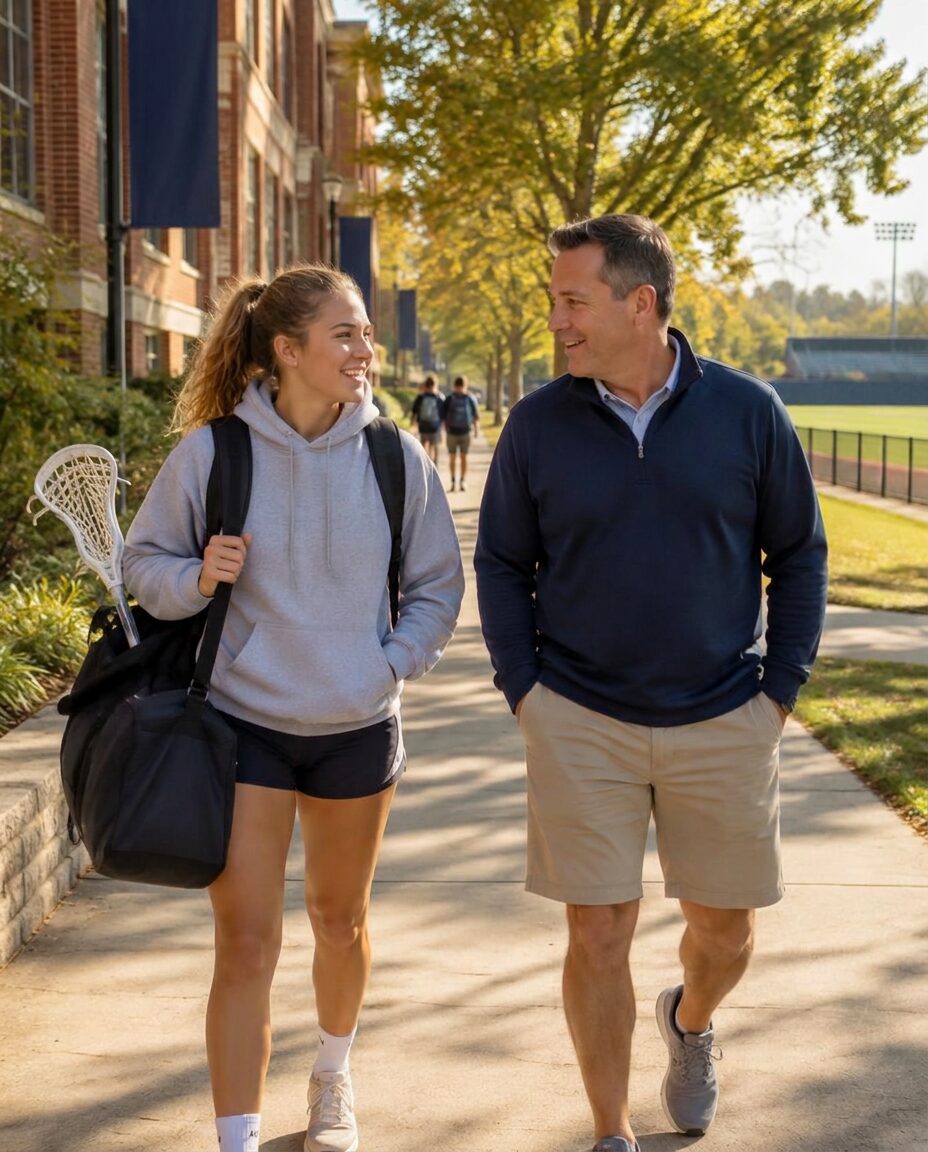 A student-athlete walking with a parent on a campus path